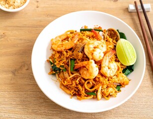 A close-up shot of a plate of authentic Pad Thai, a classic Thai stir-fried rice noodle dish. The noodles are mixed with eggs, shrimp, and vegetables, and garnished with fresh green onion and a wedge.