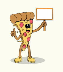 Happy Retro Pizza Character Holding Blank Sign and Thumbs Up