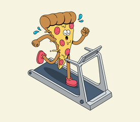 Energetic cartoon pizza slice character running on a treadmill, engaging in a healthy workout