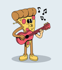 Cheerful Cartoon Pizza Slice Playing Acoustic Guitar with Musical Notes
