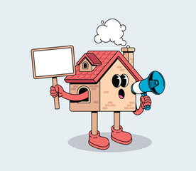Retro Cartoon House Character Holding Blank Sign and Megaphone, Communication Concept