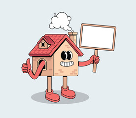 Smiling cartoon house character holding a blank sign board and giving a thumbs up, ready for a message