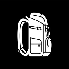 Minimalist backpack line icon isolated on a black background. A vector symbol representing travel, adventure, and outdoor exploration.
