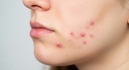 Fototapeta premium Clinical CloseUp of Inflamed Acne Pimples on a Womans Cheek and Jawline.
