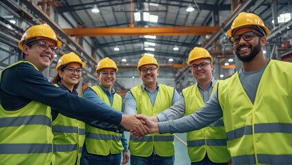 A group of factory workers in hard hats and safety vests shaking hands in a warehouse environment