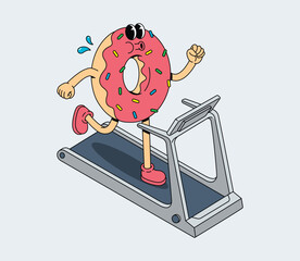 Cartoon Donut Character Running on Treadmill, Humorous Fitness Concept