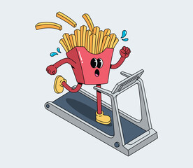 Energetic Cartoon French Fries Character Running on a Treadmill
