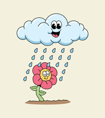 Caring Cartoon Cloud Mascot Raining on a Beautiful Flower