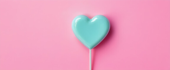 Fototapeta premium Shiny mint heart lollipop on pink. Close up of glossy candy. Minimal mint heart candy. Pink background. Bright mint lollipop for love. Isolated on pink background.