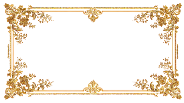 Classic Ornate Gold Frame with Floral Corners for Luxury Design on Transparent Background