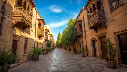 Obraz premium Picturesque street with historic buildings and balconies in an old town setting