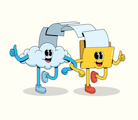 Happy Cartoon Cloud and Folder Characters Running Together Giving Thumbs Up, Representing Teamwork and Collaboration