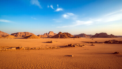 A vast desert landscape with sand dunes and rocky mountains under a blue sky