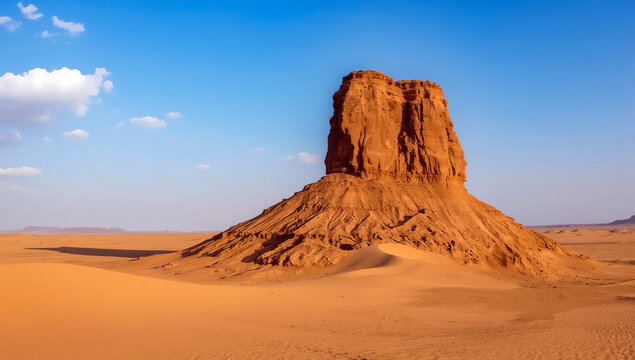 Majestic rock formation dominates the desert landscape under a clear blue sky