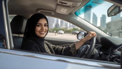 Smiling arab woman driving a car in the city with skyscrapers view