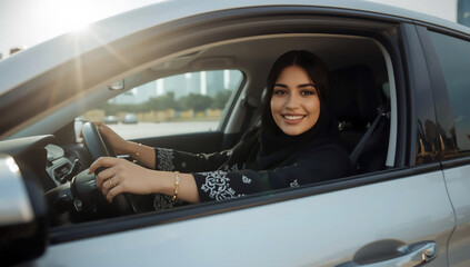 Smiling arab woman driving a car with sun shining through the window
