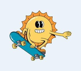 Groovy Cartoon Sun Character Skater with Big Smile Riding Skateboard, Cheerful Summer Mascot in Motion