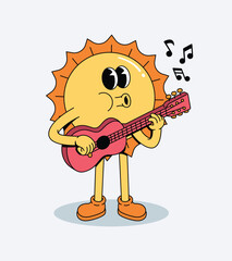 Cheerful Retro Groovy Cartoon Sun Playing Guitar with Musical Notes