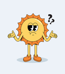 Retro Cartoon Sun Character Shrugging Shoulders with Question Marks