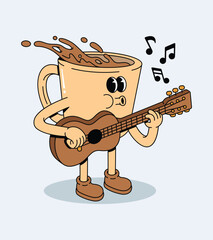 Cartoon Coffee Cup Character Playing Guitar with Splashing Coffee and Musical Notes, Fun Mascot Illustration