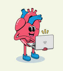 Happy Groovy Cartoon Heart Character Engaged with Laptop
