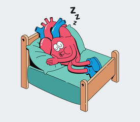 Humanized Heart Groovy Character Sleeping Peacefully in Bed, Cute Cartoon Illustration