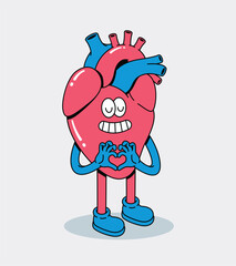 Cheerful Anatomical Heart Character Making Love Gesture with Hands, Happy and Positive Emotion