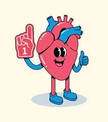 Cheerful Groovy Cartoon Heart Character with Number One Foam Finger and Thumbs Up