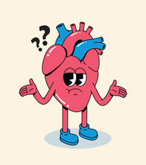 Groovy Cartoon human heart character shrugging with question marks expressing confusion