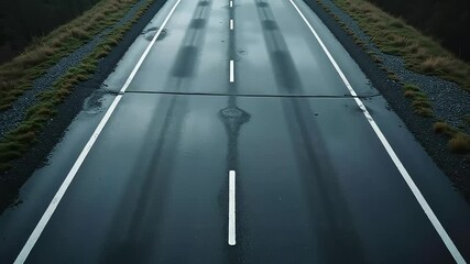 Dramatic wet highway stretching into distance evokes travel road trip and weather conditions
