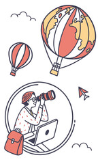 Obraz premium Person working on laptop with camera and hot air balloons