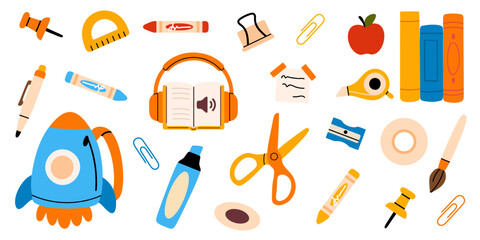 School supplies with orange backpack and stationery isolated on white background