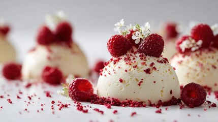 Close-up of small, white, dome-shaped desserts topped with fresh raspberries and tiny white flowers, scattered with red sprinkles.  Several desserts are in focus