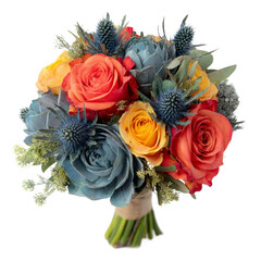 A vibrant bouquet featuring roses in shades of red, orange, and blue, surrounded by greenery, perfect for weddings or special occasions, set against a clean white background