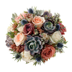 A beautiful bouquet featuring a mix of roses and succulents, arranged artfully with greenery, ideal for weddings or special occasions, set against a clean, white background