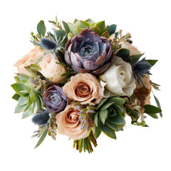 A beautifully arranged bouquet featuring a mix of pastel roses, succulents, and thistles, set against a clean background, ideal for floral design inspiration and wedding decor