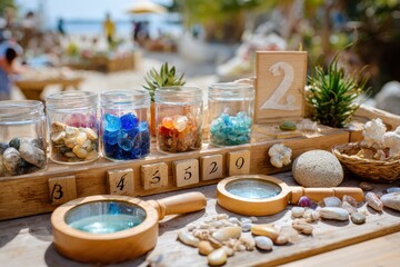 Transparent jars filled with colorful stones and shells displayed on wooden table at beachside market showcasing vibrant nature and craftsmanship for tourism and leisure activities