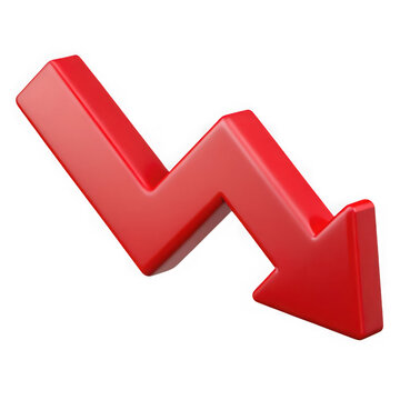 3d illustration of red arrow pointing down indicating a decline isolated on transparent background
