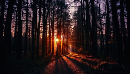Golden sun rays stream through majestic forest trees, creating an enchanting woodland scene perfect for nature lovers and outdoor adventures with a peaceful mood
