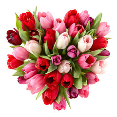 A vibrant bouquet of tulips in various shades of red, pink, and white, arranged beautifully from a top-down perspective, perfect for spring celebrations or floral arrangements