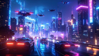 Obraz premium Futuristic cityscape at night, featuring flying drones and sleek, glowing vehicles on a wet road.