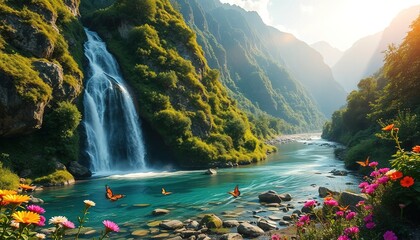 Discover breathtaking mountain scenery with cascading waterfalls, vibrant flora, and graceful butterflies, evoking serenity and wonder for nature lovers and travel enthusiasts