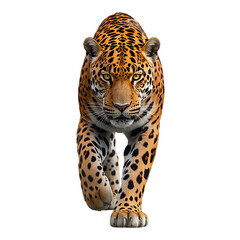 Obraz premium Majestic jaguar portrait with focused gaze and distinctive patterned coat, isolated digitally