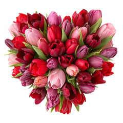 A vibrant heart-shaped arrangement of various tulip flowers showcasing shades of red, pink, and purple, symbolizing love and beauty, ideal for celebrations and floral decorations