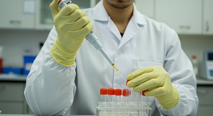 Male scientist in a white lab coat and yellow gloves pipetting liquid into test tubes.