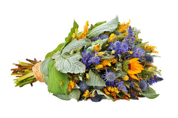 A vibrant bouquet of assorted wildflowers featuring yellow sunflowers and purple blooms, artistically arranged with green foliage, perfect for a spring celebration or floral decoration