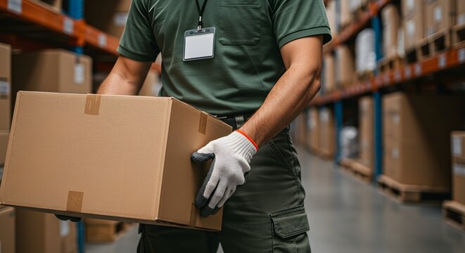 Unrecognizable warehouse worker in a green uniform and protective gloves carrying a cardboard box.