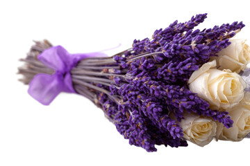 A beautifully arranged bouquet featuring fresh lavender and white roses tied with a purple ribbon, set against a clean backdrop, perfect for weddings or floral decor
