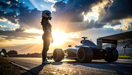 A female race car driver stands beside her vehicle, bathed in sunlight on the racetrack.