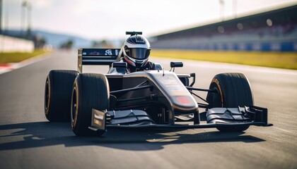 Fototapeta premium A Formula One race car driver in motion on a racetrack.